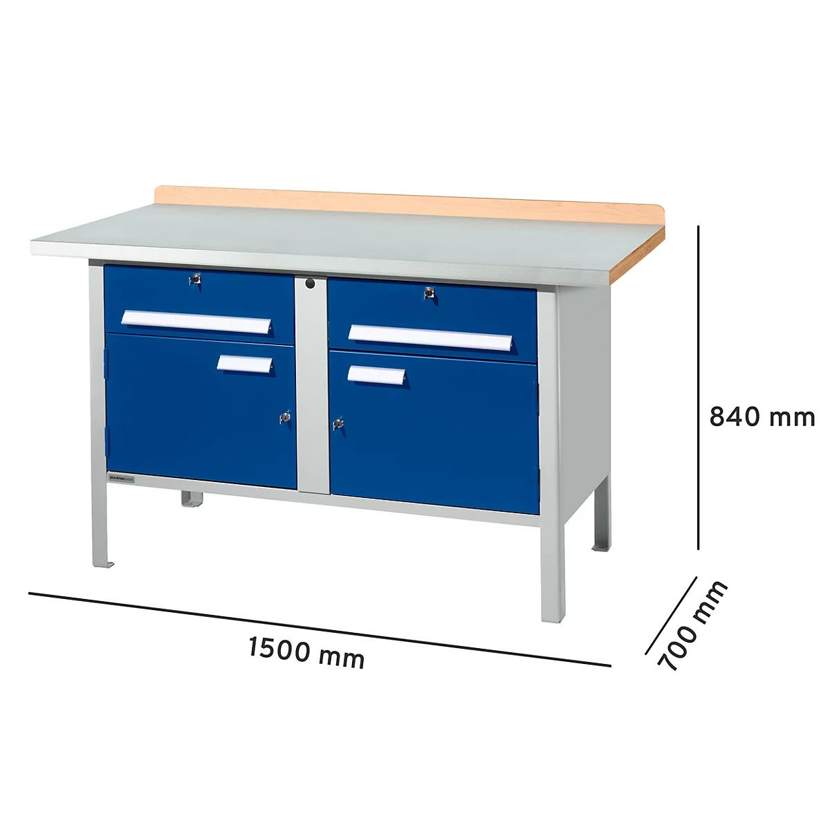 Werkbank met blauw kastgedeelte, zilveren poten en lichtgrijs werkblad. Afmetingen: 1500x700x840 mm.