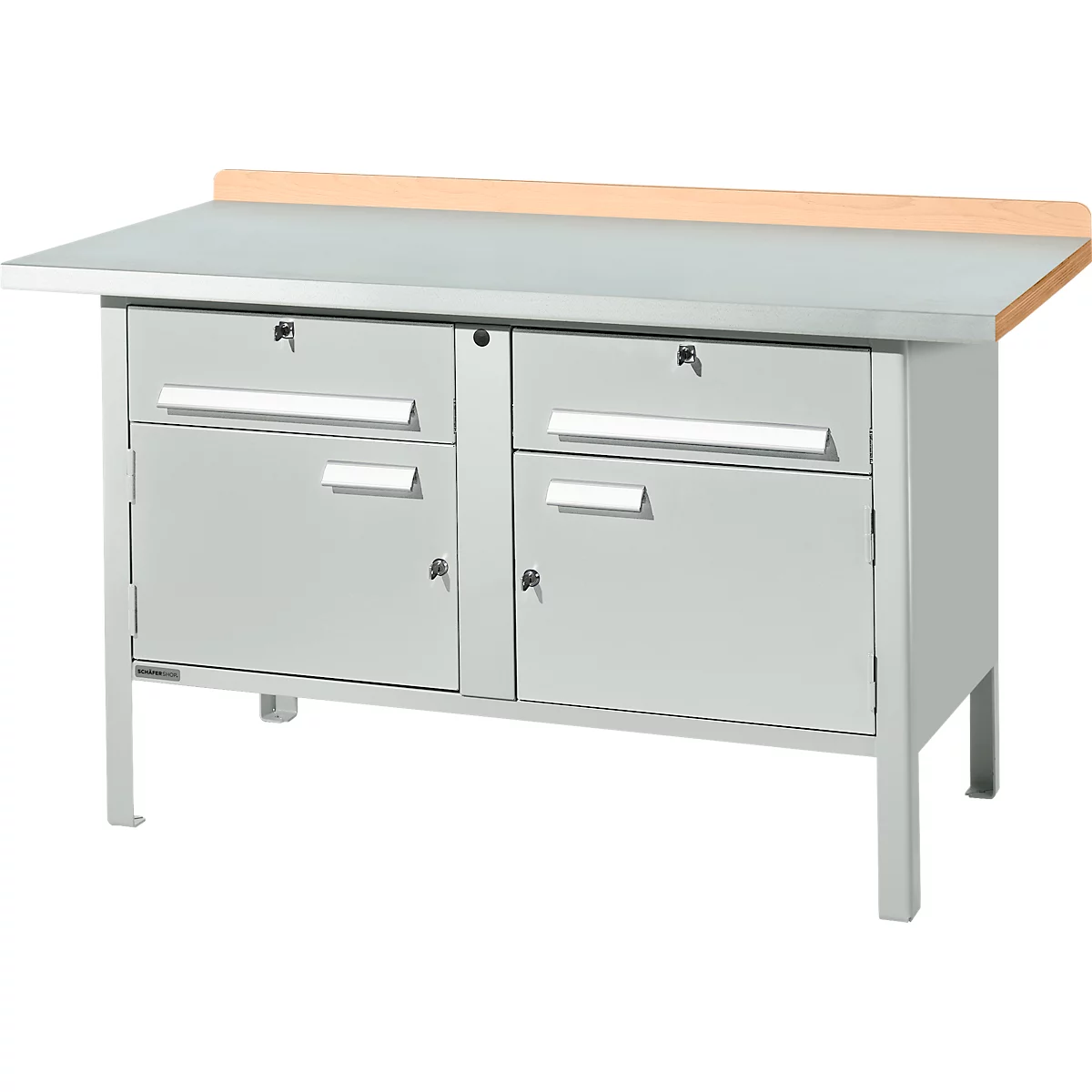 Werkbank met kasten Schäfer Shop Select PWi 150-0, ESD, beuken multiplexplaat, met stalen deksel, tot 750 kg, B 1500 x D 700 x H 840 mm, lichtgrijs