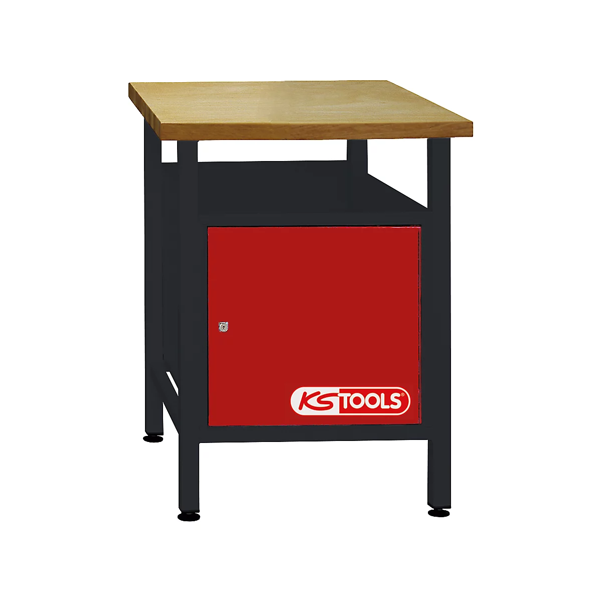 Werkbank mit Holzplatte, schwarzem Gestell und roter Tür mit KS TOOLS Logo.