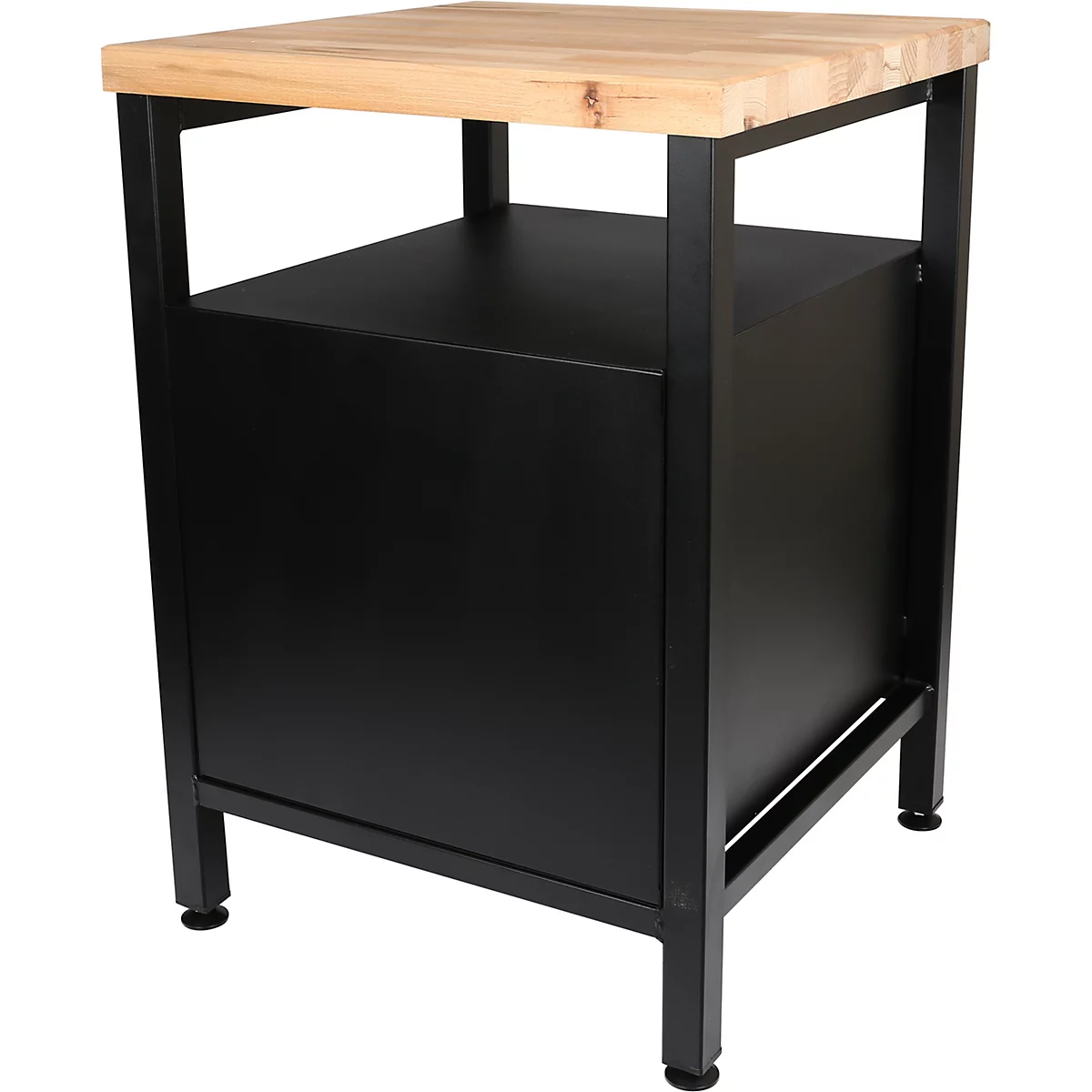Beistelltisch mit Tischplatte aus Holz, schwarzem Korpus und Gestell.