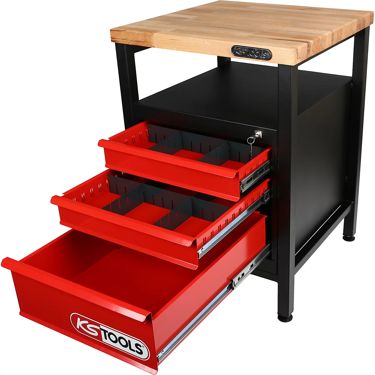 Werkbank mit roter Schublade, KS Tools Logo. Oben Holzplatte, darunter schwarzer Schrank mit ausgezogenen Schubladen.