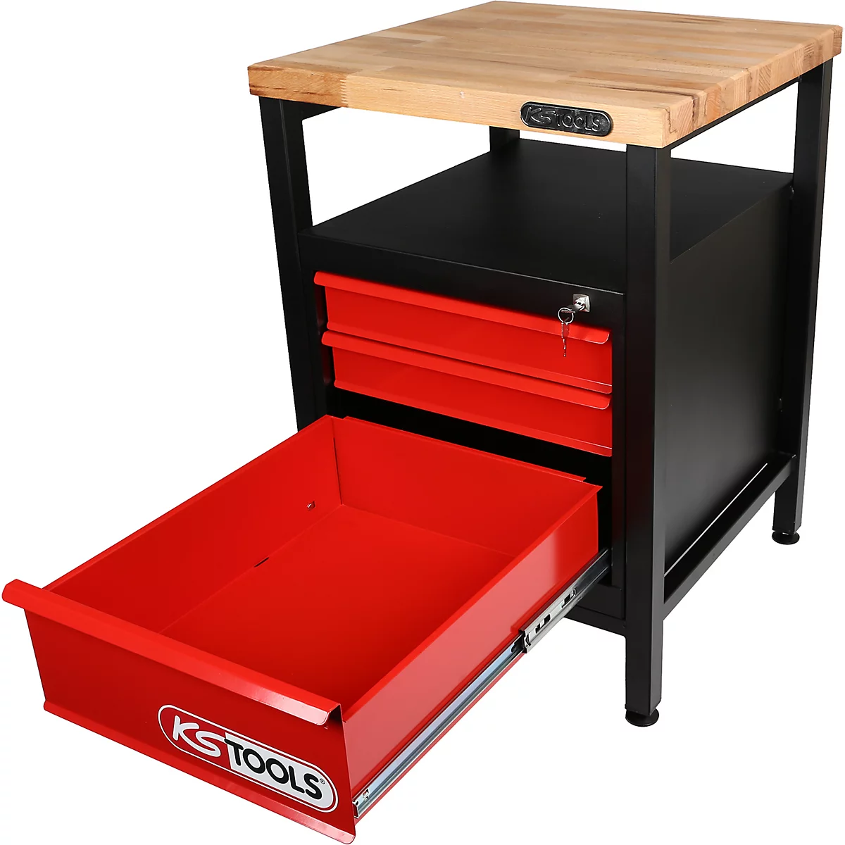 Werkbank mit roter, ausgezogener Schublade, schwarzem Gehäuse und Holzplatte.