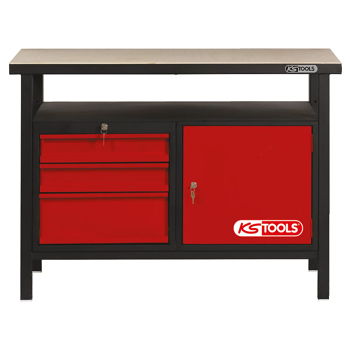 Werkbank mit roter Schubladenseite und roter Tür, KS TOOLS Logo.