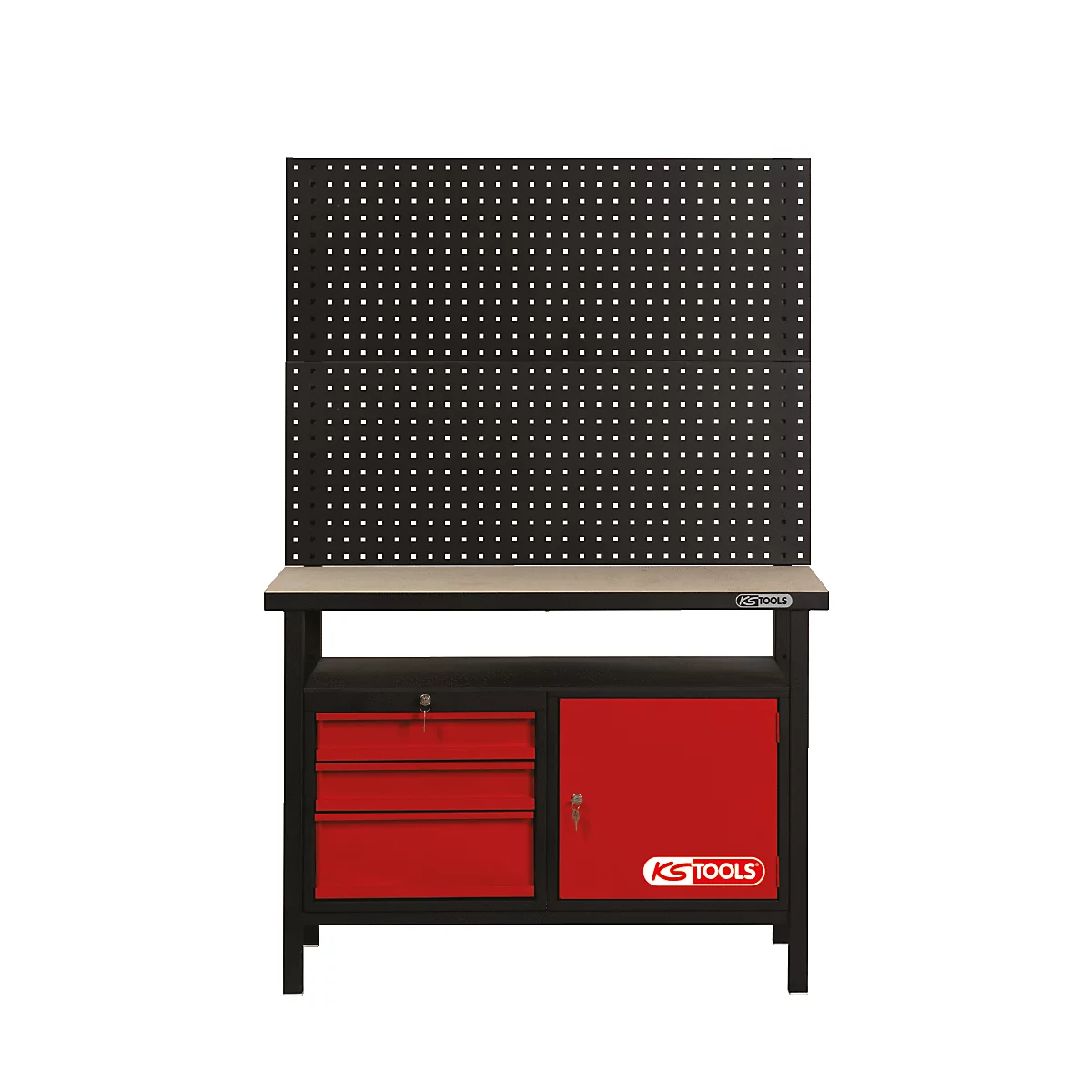 Werkbank mit schwarzer Lochwand, roten Schubladen und Schrank. Logo: KS Tools.