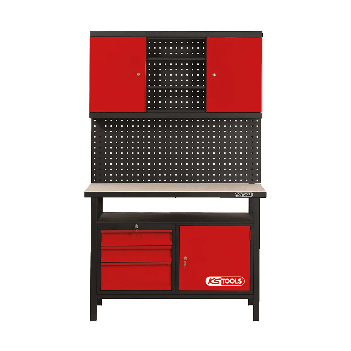 Werkbank mit roter Schublade, Schranktüren, mit KS TOOLS Logo, schwarzem Gestell und Lochwand.