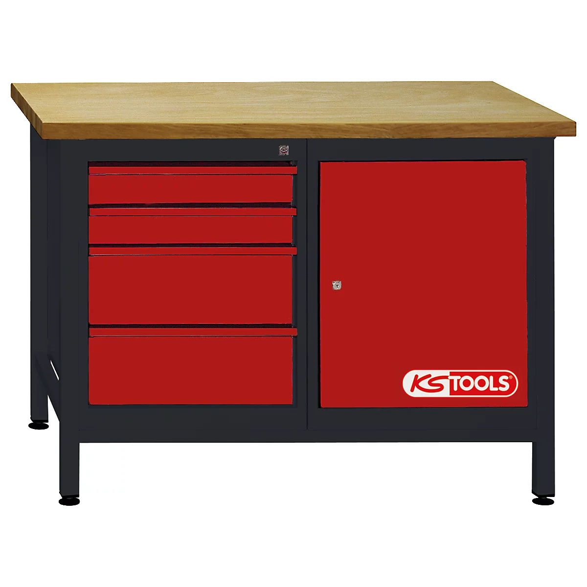 Werkbank mit Holzplatte, drei Schubladen und einem Schrank. Logo: KS Tools.