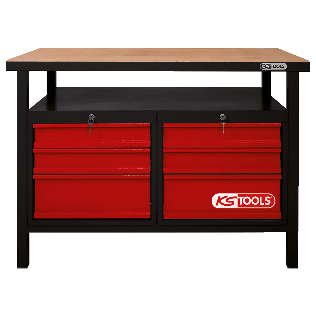 Werkbank mit Holzplatte, roter Schubladensektion, schwarzem Rahmen und Logo.