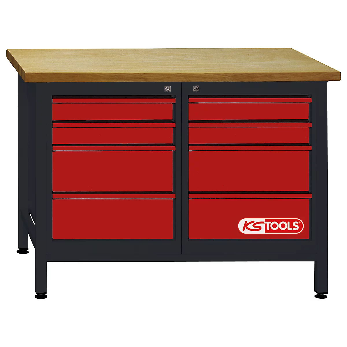 Werkbank mit Holzplatte, rotem Schubladenschrank und KS TOOLS-Logo.
