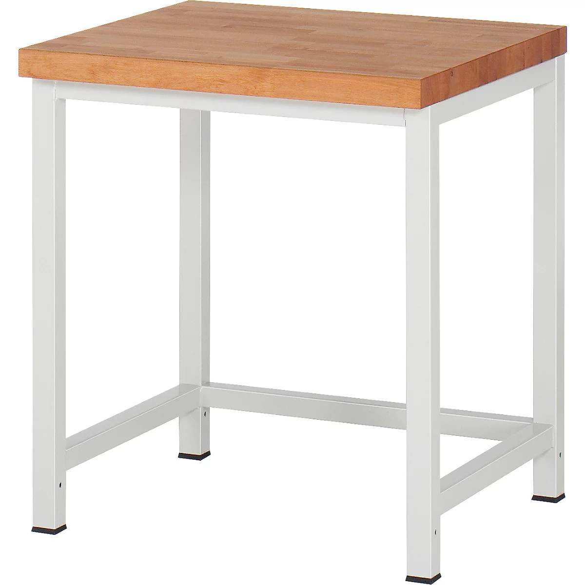 Quadratischer Beistelltisch mit heller Holzplatte und weißem Metallgestell vor weißem Hintergrund.