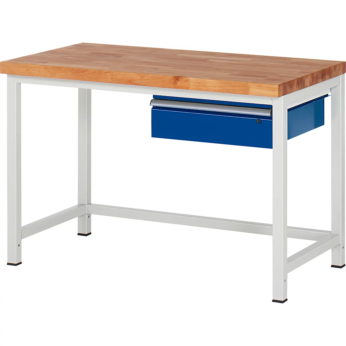 Werkbank mit massiver Holzplatte, weißem Metallgestell und einer blauen Schublade vor weißem Hintergrund.