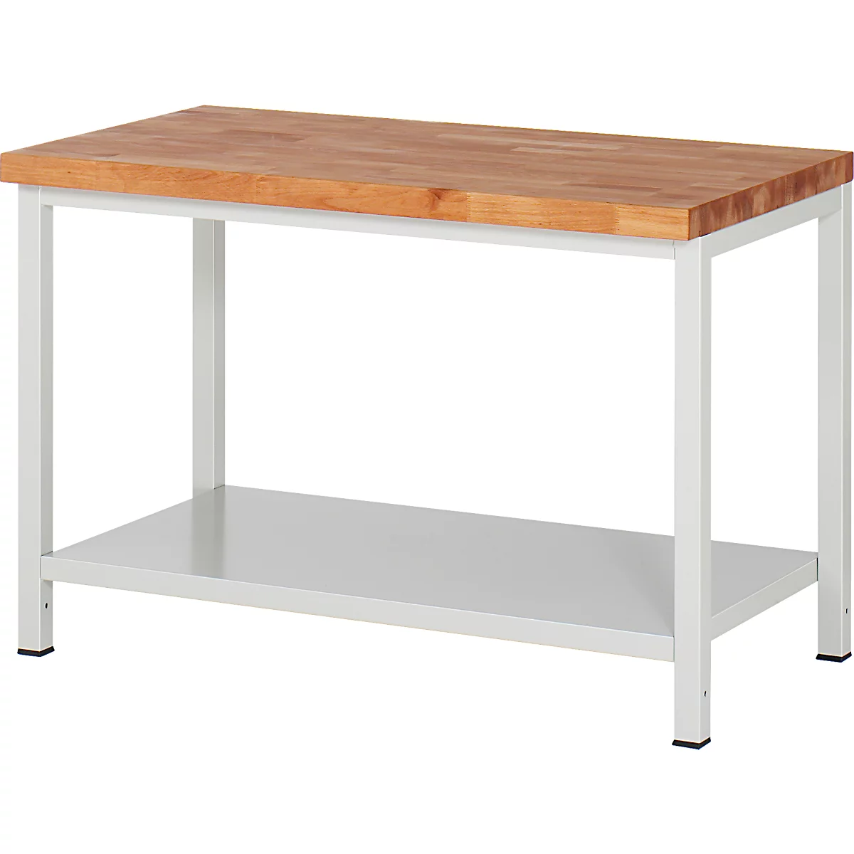 Ein rechteckiger Arbeitstisch mit heller Holzplatte und einem weissem Metallgestell mit Ablageboden.