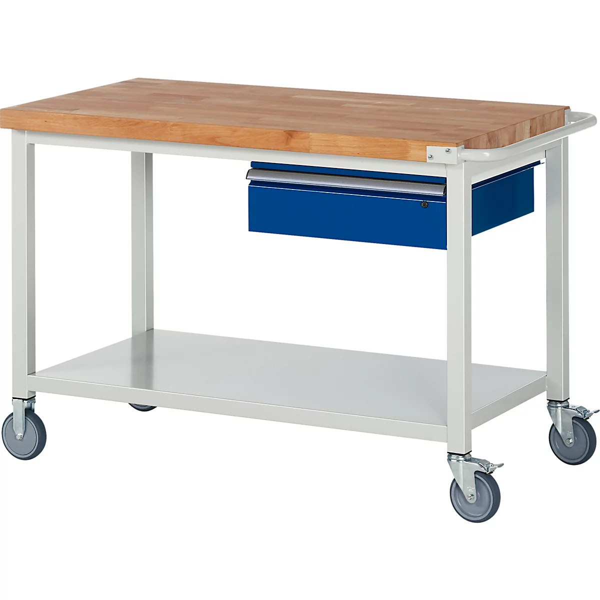 Werkstattwagen mit Holzplatte, grauem Gestell, einer blauen Schublade und vier Rollen auf weißem Hintergrund.