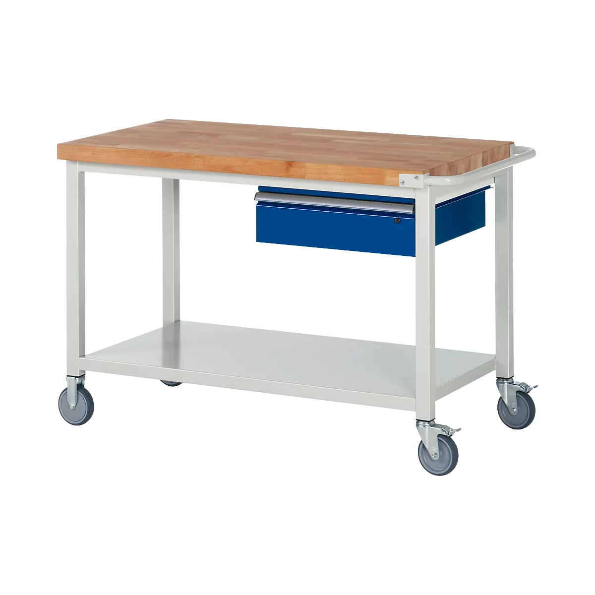 Werkbank Serie 8001, fahrbar, mit Schublade, mit Ablageboden, B 1250 x T 700 x H 880 mm