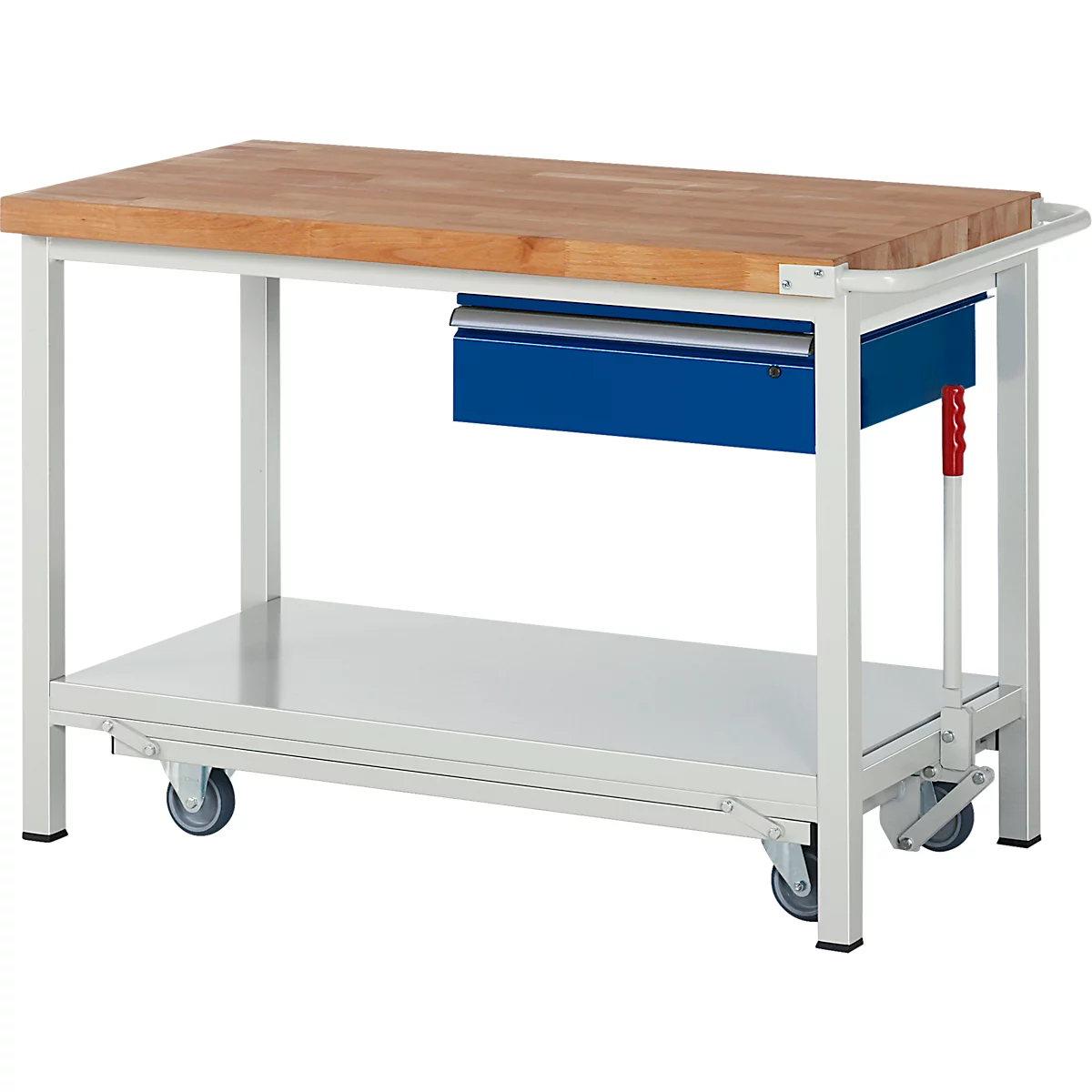 Mobiele werkbank met houten blad, blauwe lade en wielen tegen een witte achtergrond.