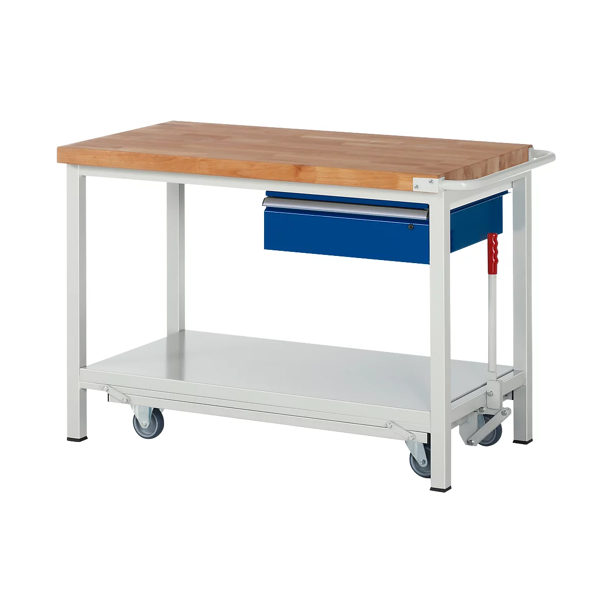 Werkbank serie 8001, verrijdbaar, neerlaatbaar, schuiflade, B 1250 x D 700 x H 880 mm