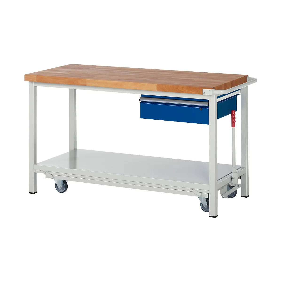 Werkbank serie 8001, verrijdbaar, neerlaatbaar, schuiflade, B 1500 x D 700 x H 880 mm