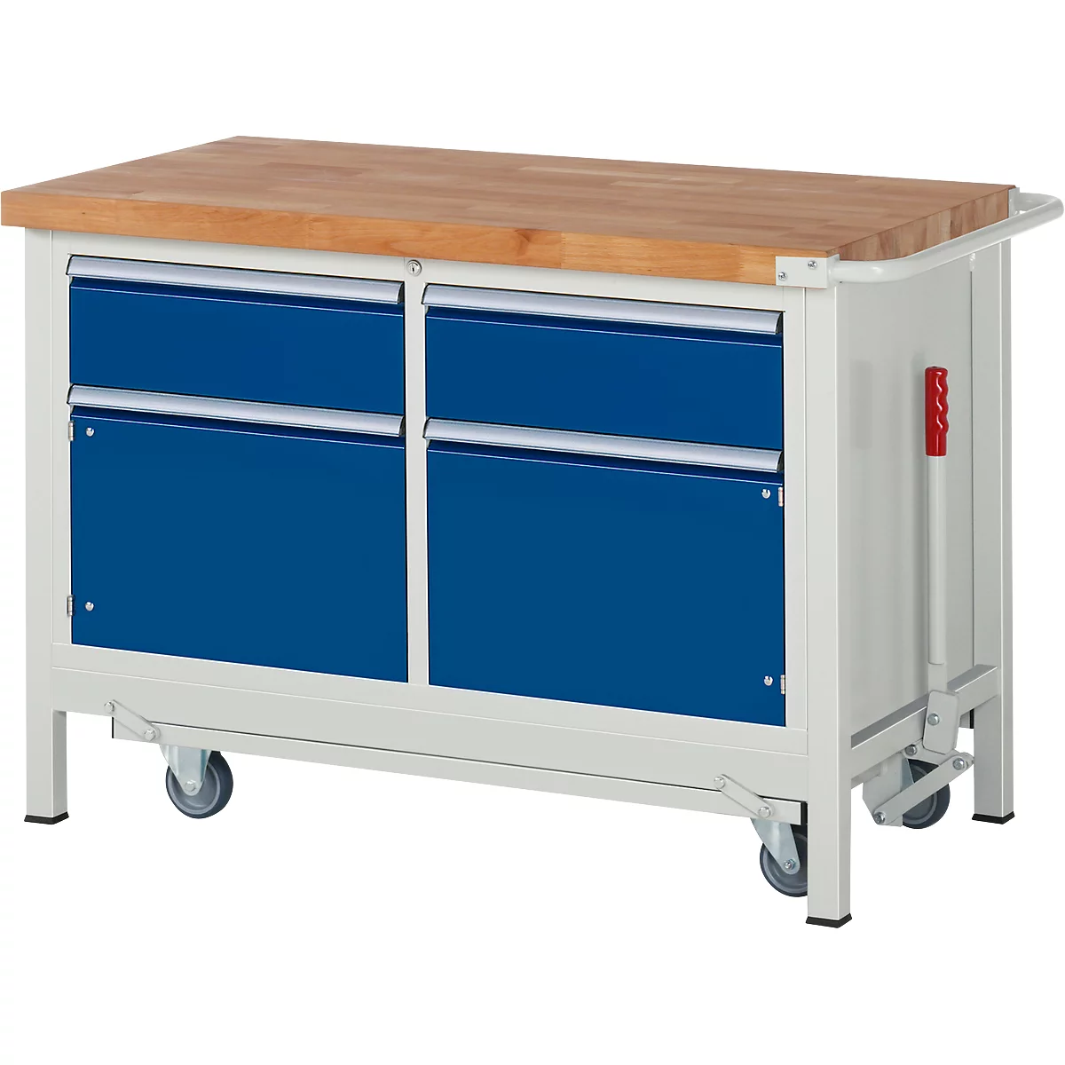 Werkbank Serie 8466, absenkbar, 2 Schubladen, 2 Türen, B 1250 x T 700 x H 880 mm