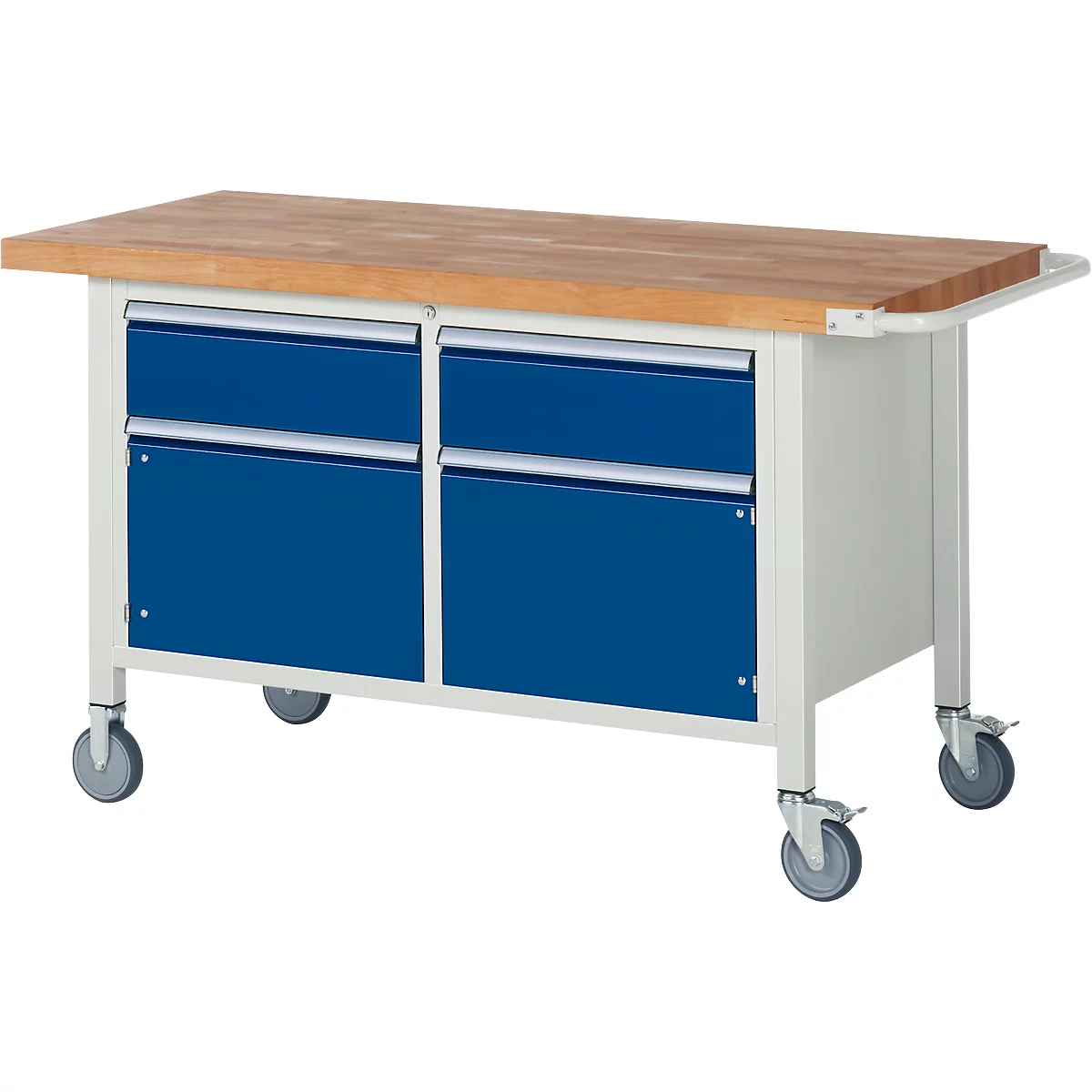 Werkbank mit Holzplatte, Schubladen und Rollen.