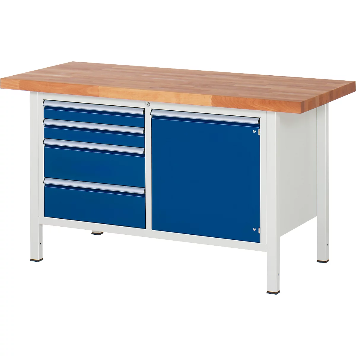 Werkbank serie 8470, 4 schuiflades, 1 legbord met deur, B 1250 x D 700 x H 840-1040 mm