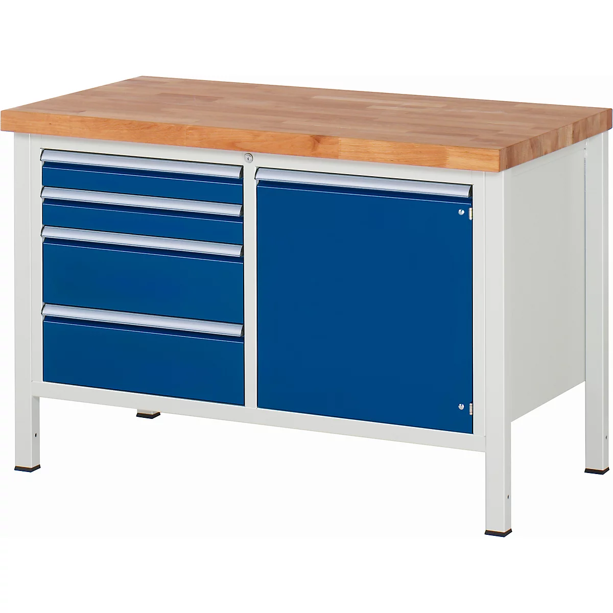 Werkbank serie 8470, 4 schuiflades, 1 legbord met deur, B 1500 x D 700 x H 840-1040 mm