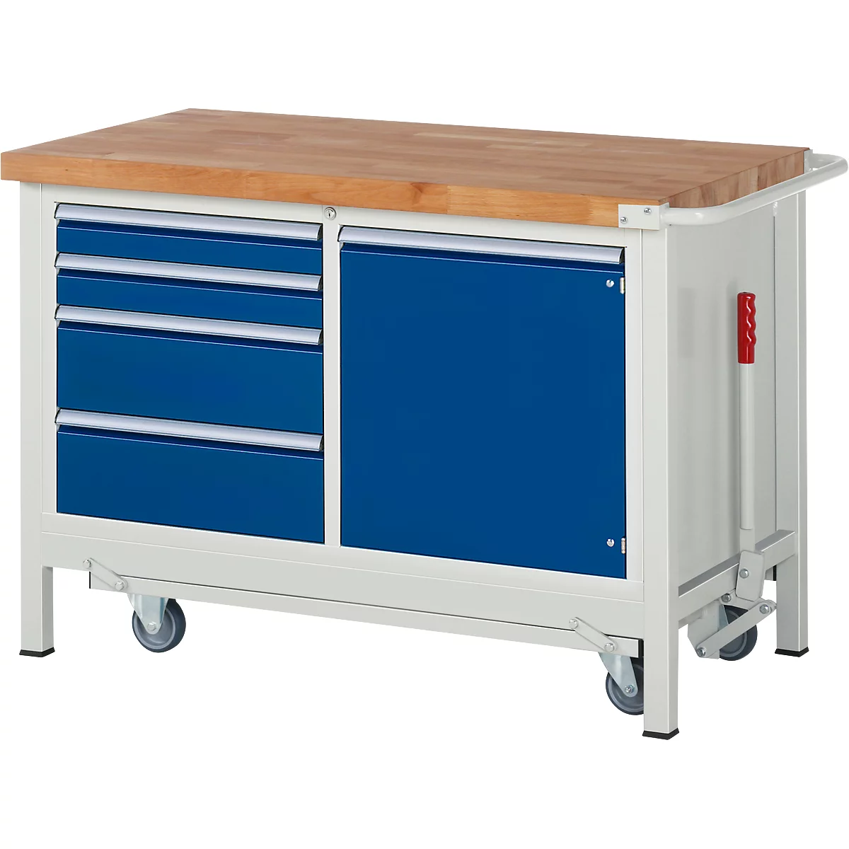 Werkbank serie 8470, neerlaatbaar, verrijdbaar, 4 schuiflades en legbord, B 1250 x D 700 x H 880 mm