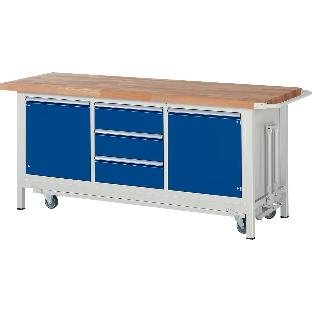 Werkbank Serie 8569, neerlaatbaar, 3 schuiflades, 2 legborden met deur