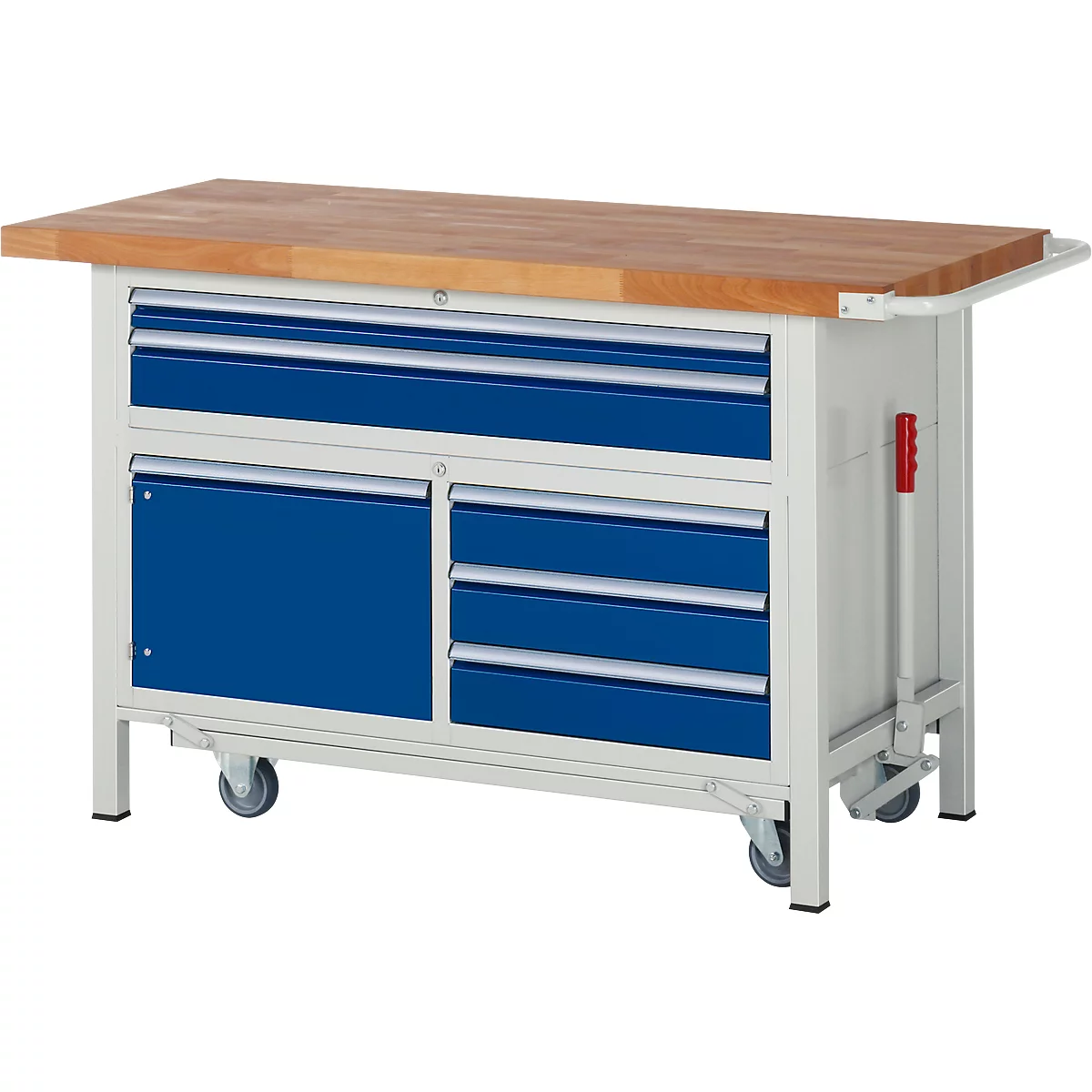 Werkbank serie 8922, neerlaatbaar, 5 schuifladen, 1 legbord met deur, B 1500 x D 700 x H 880 mm