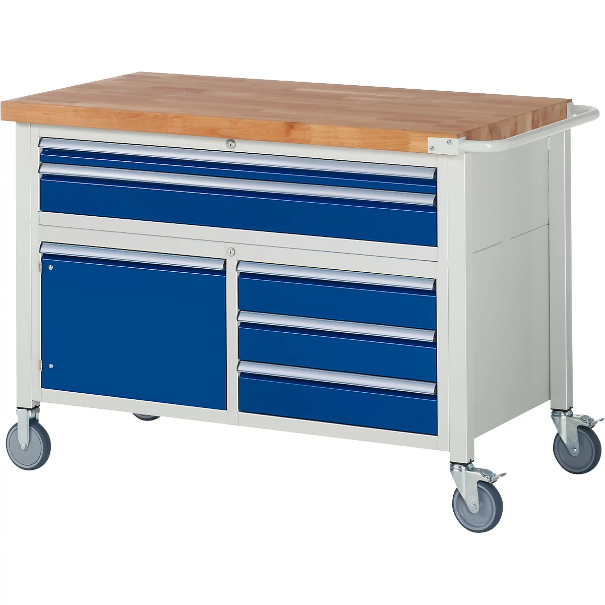 Werkbank serie 8922, verrijdbaar, 5 schuifladen, 2 legborden met deur, B 1250 x D 700 x H 880 mm