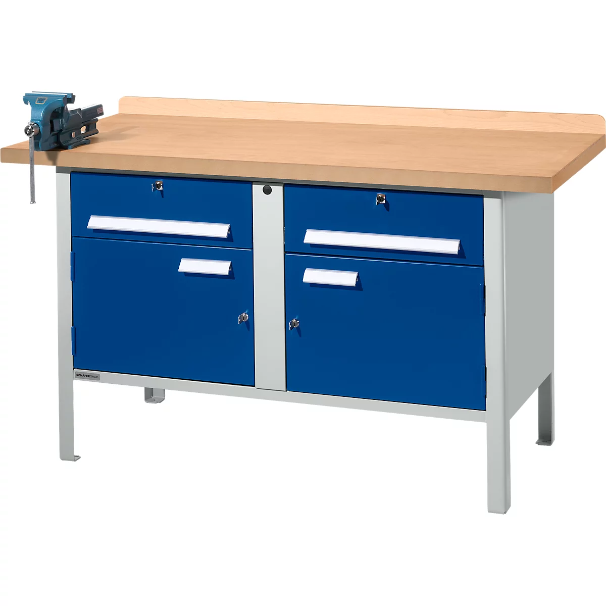 Werkbank Set PW 150-0, B 1500 mm, 2 Schübe, 2 Schränke, Zentralverschl., mit Schraubstock, lichtgrau/enzianblau 