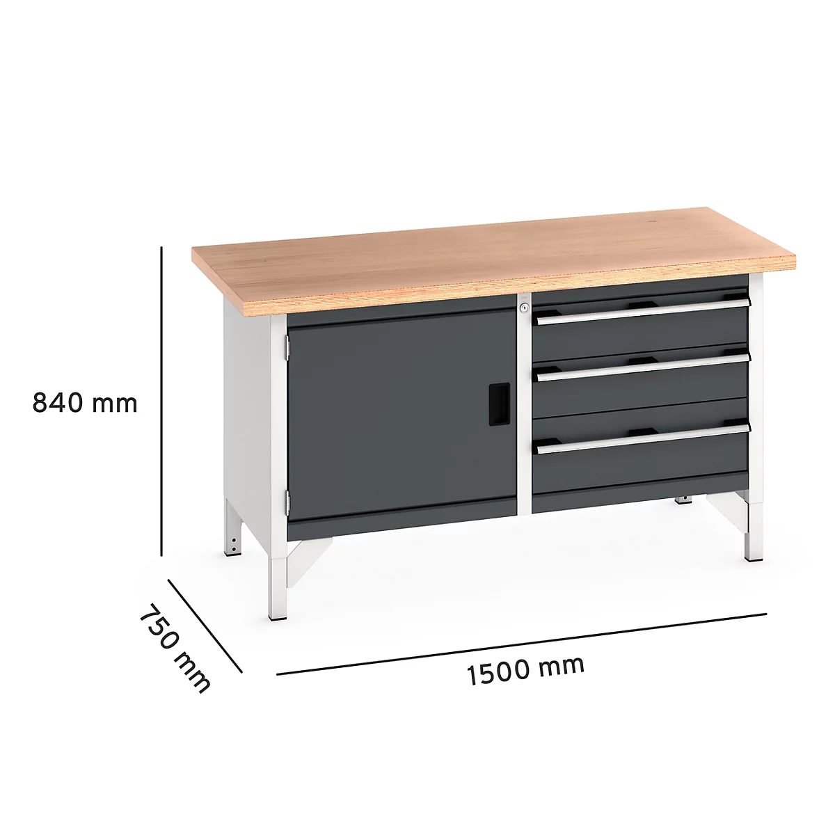 Werkbank met houten blad, grijze kasten en lades. Afmetingen worden aangegeven.