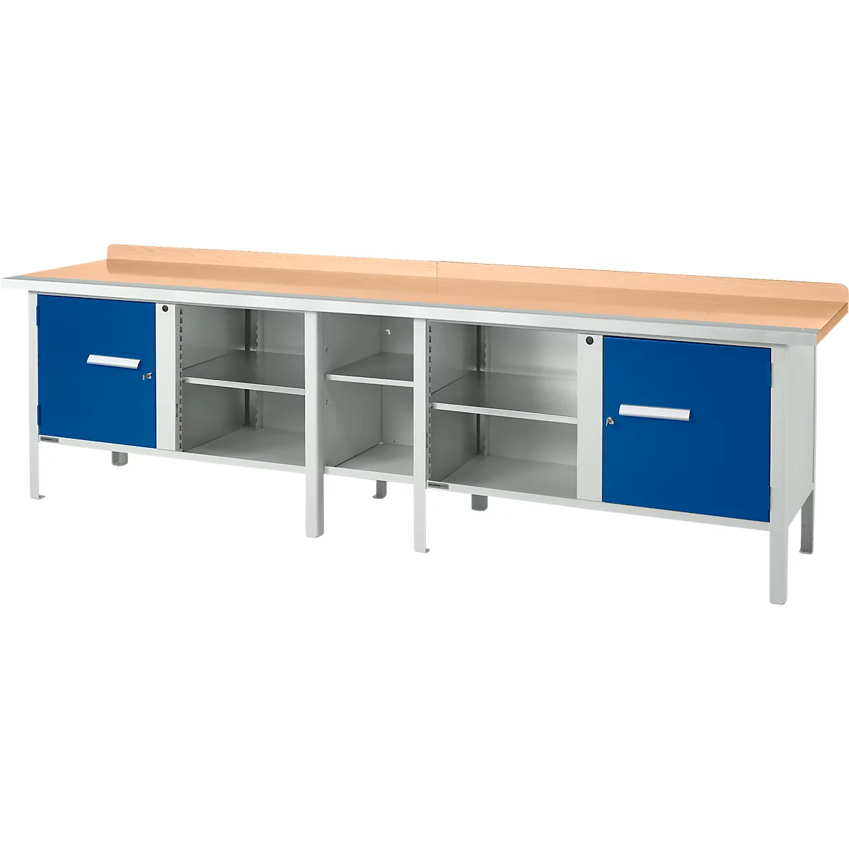 Werkbank type doos Schäfer Shop Select PWi 300-1, beuken multiplexplaat, met stalen rand, tot 750 kg, B 3000 x D 700 x H 840 mm, gentiaanblauw