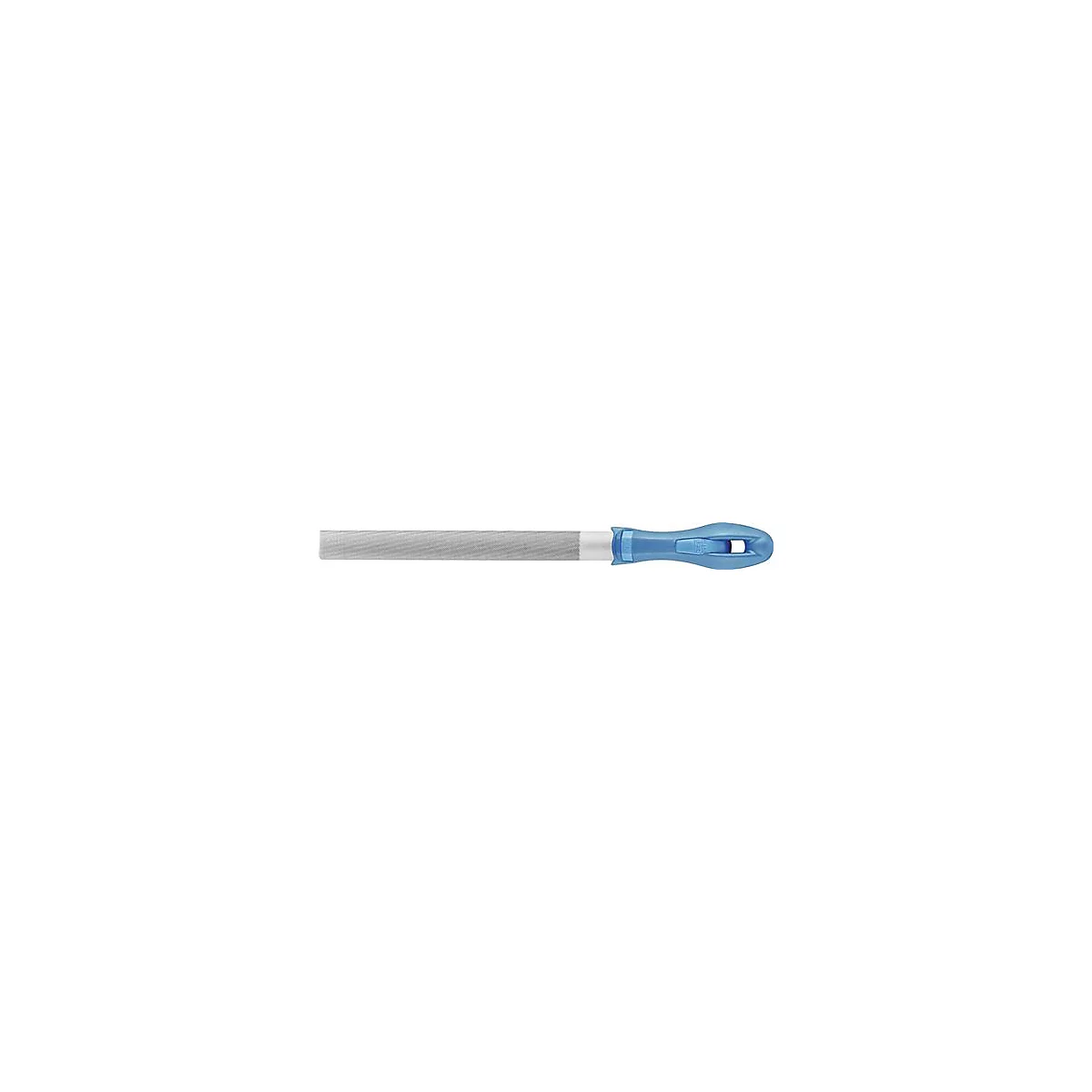 Een metalen vijl met een blauw handvat.