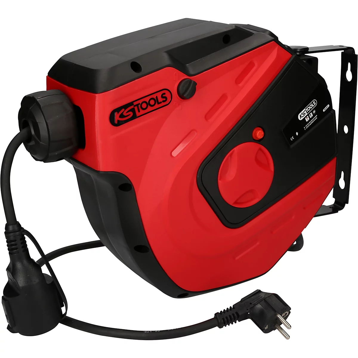 Rote und schwarze Kabeltrommel von KS Tools. Mit Wandhalterung, Kabel und Stecker.