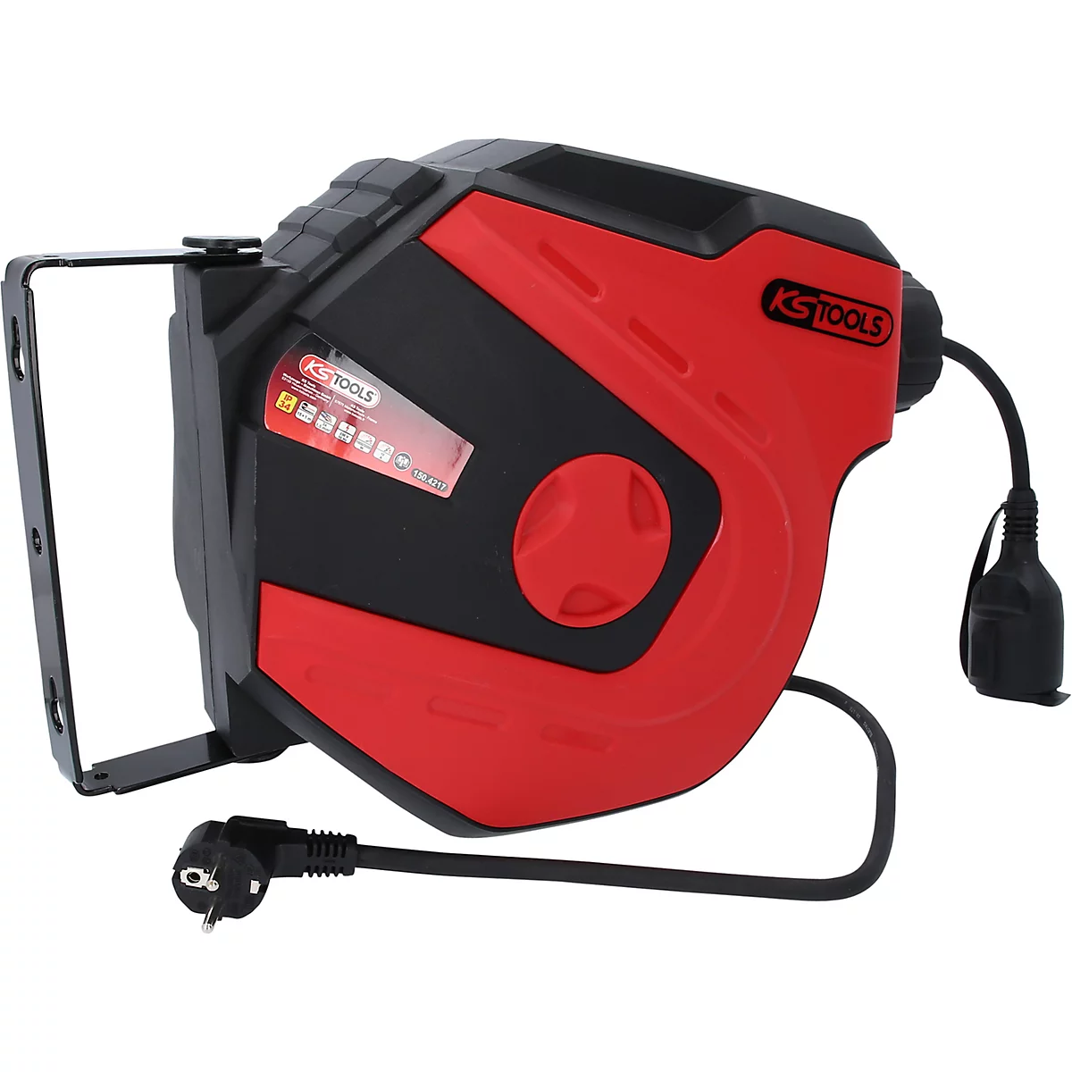 Rote und schwarze Kabeltrommel mit Stecker und Wandhalterung. Auf der Trommel ist das Logo von KS TOOLS zu sehen.