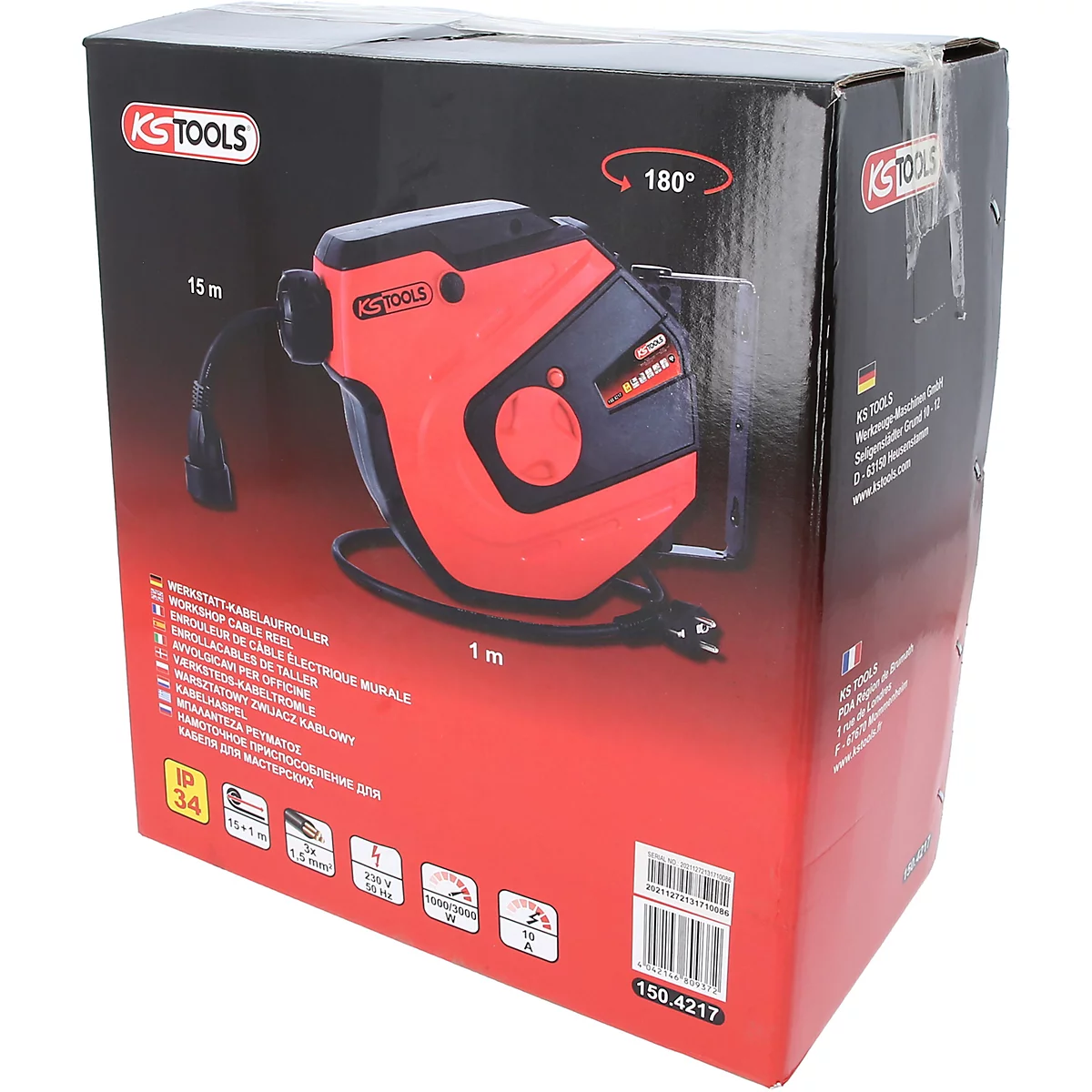 Kabeltrommel in roter und schwarzer Verpackung. Produktinformationen und Logos sind zu sehen.