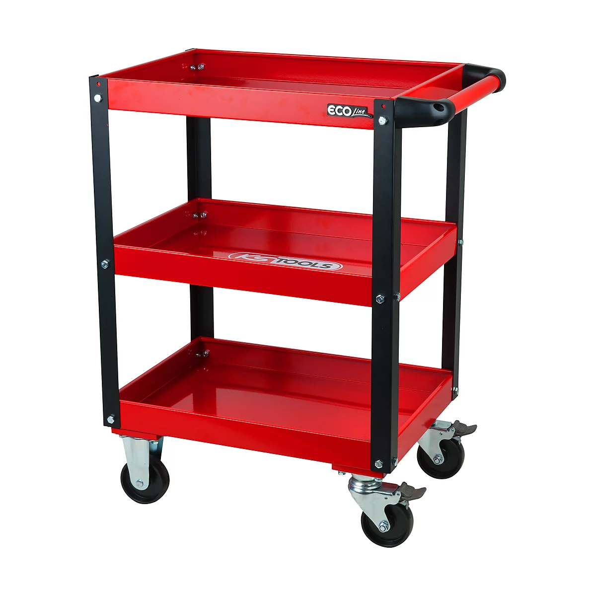Roter Werkzeugwagen mit drei Ablagen, schwarzem Gestell und Rollen. Mit Aufschrift KS Tools.