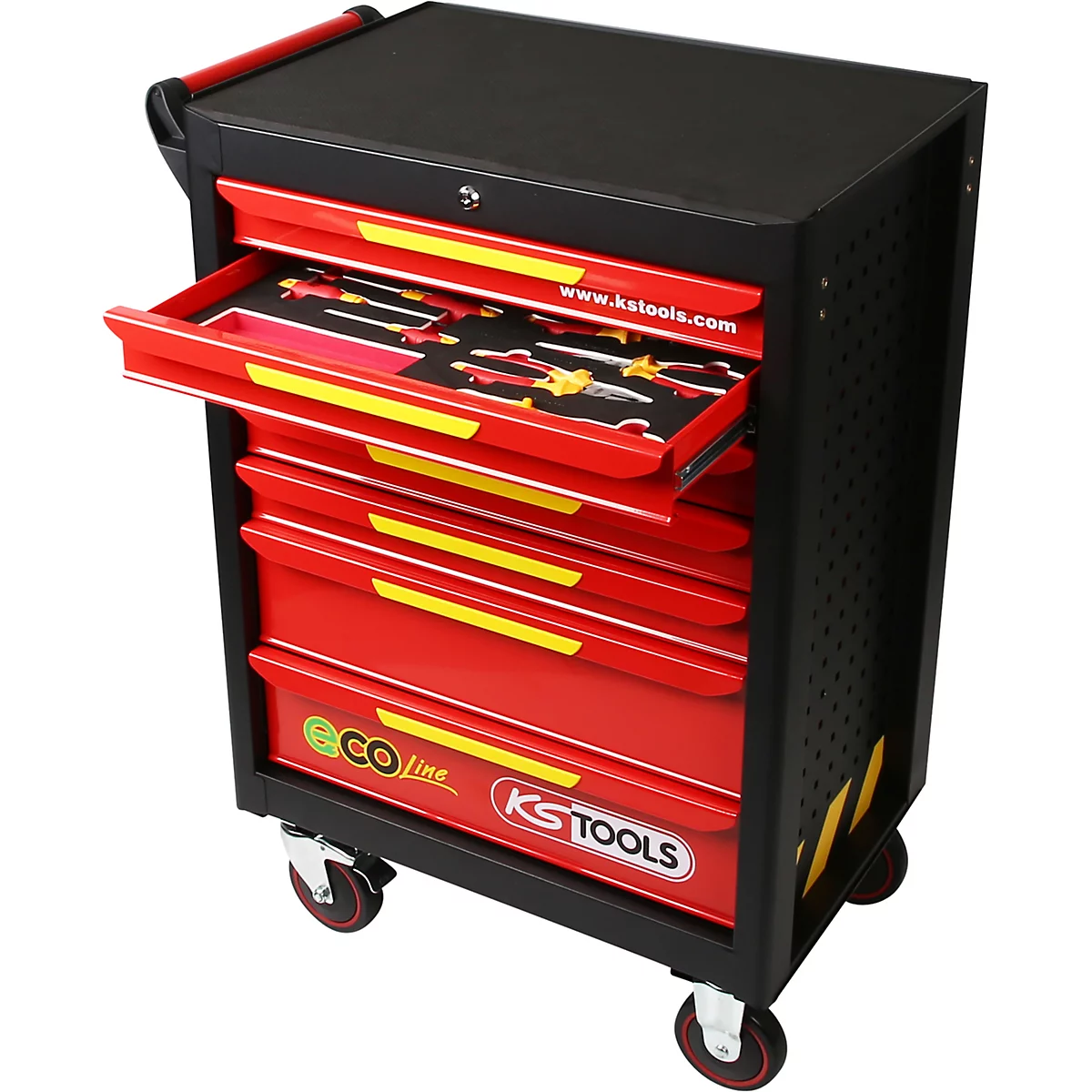 Roter Werkzeugwagen mit schwarzen Details. Eine Schublade ist geöffnet und enthält Werkzeug. Das KS TOOLS Logo ist sichtbar.