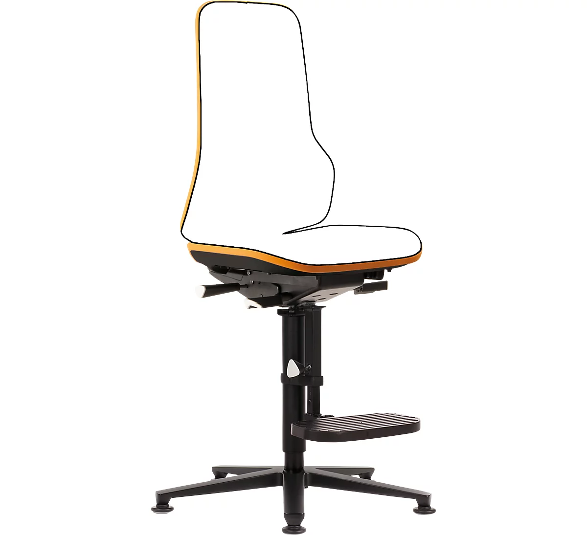 Werkstoel bimos NEON, permanent contact, basismodel zonder bekleding, glijders + opstophulp, flexband oranje