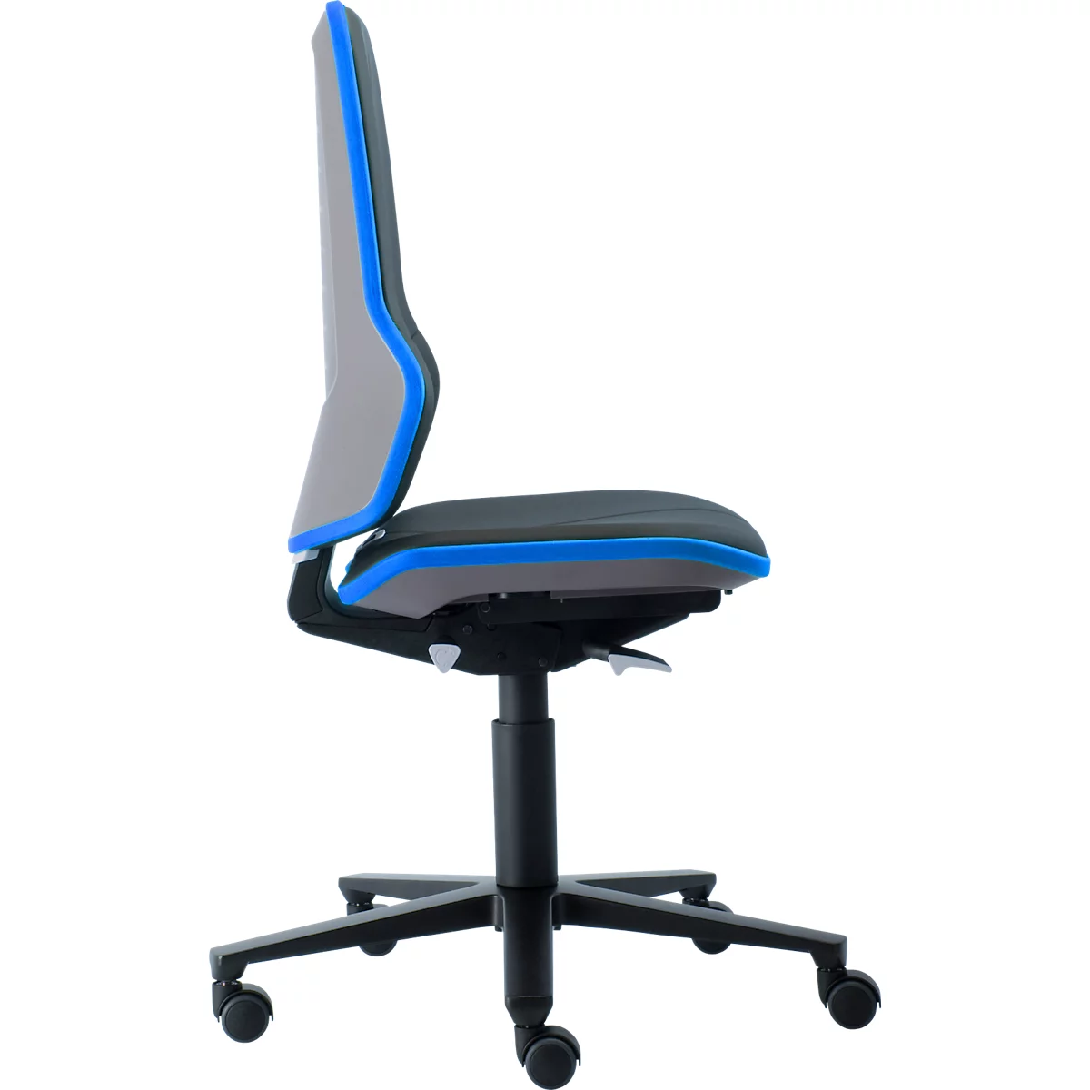 Werkstoel bimos NEON, permanent contact, basismodel zonder bekleding, met wielen, flexband blauw