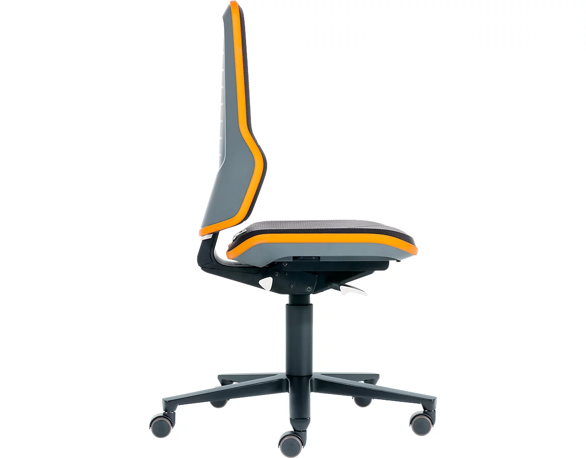 Werkstoel bimos NEON, permanent contact, basismodel zonder bekleding, met wielen, flexband oranje