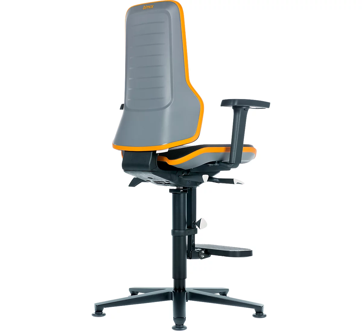 Werkstoel bimos NEON, synchroonmechanisme, basismodel zonder bekleding, glijders + opstophulp, flexband oranje