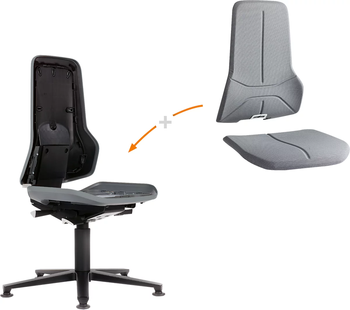 Werkstoel bimos NEON, synchroonmechanisme, basismodel zonder bekleding, met glijders, flexband grijs