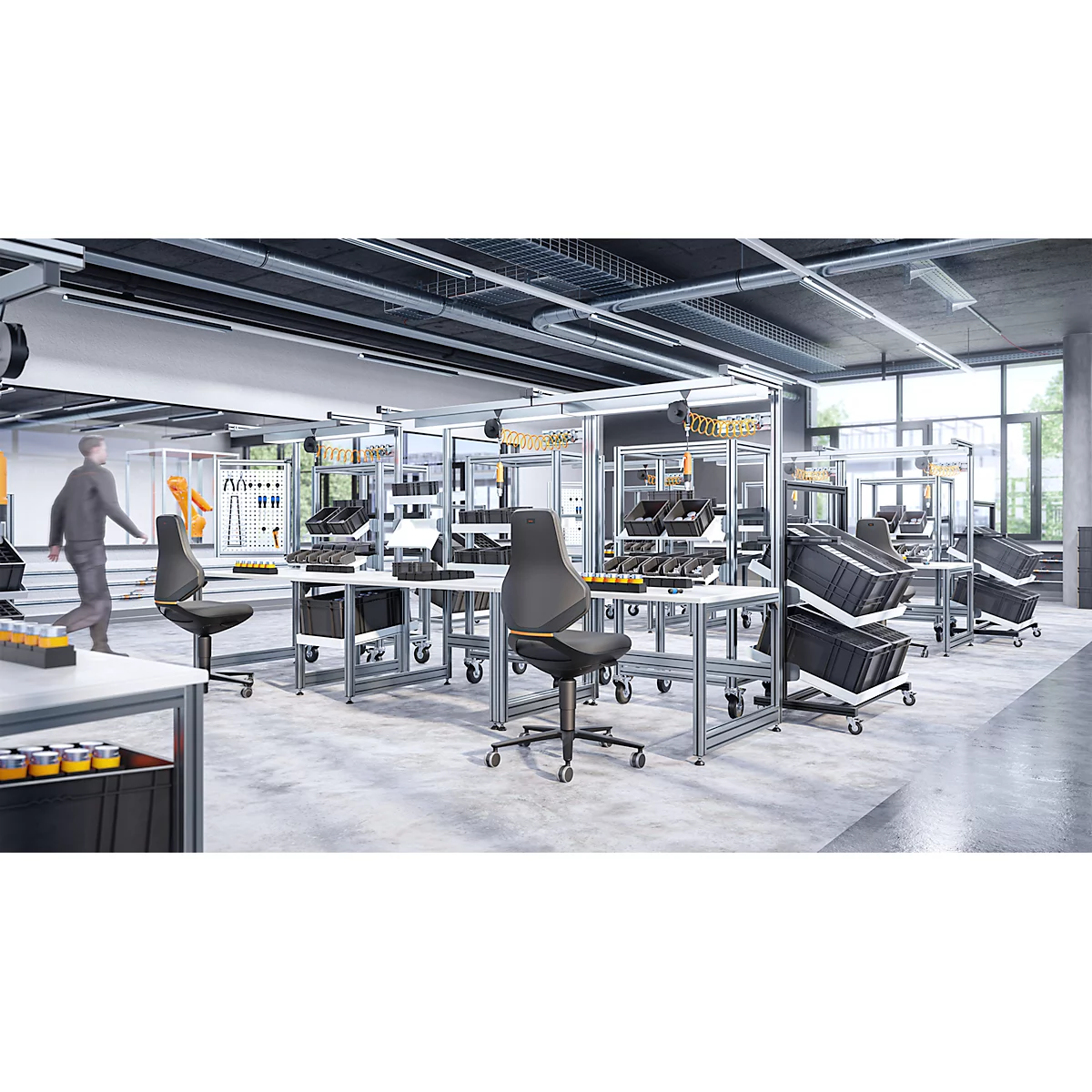 Werkstoel TEXON 2 in zwarte stof, ergonomisch en comfortabel, met Auto-Motion technologie en wielen