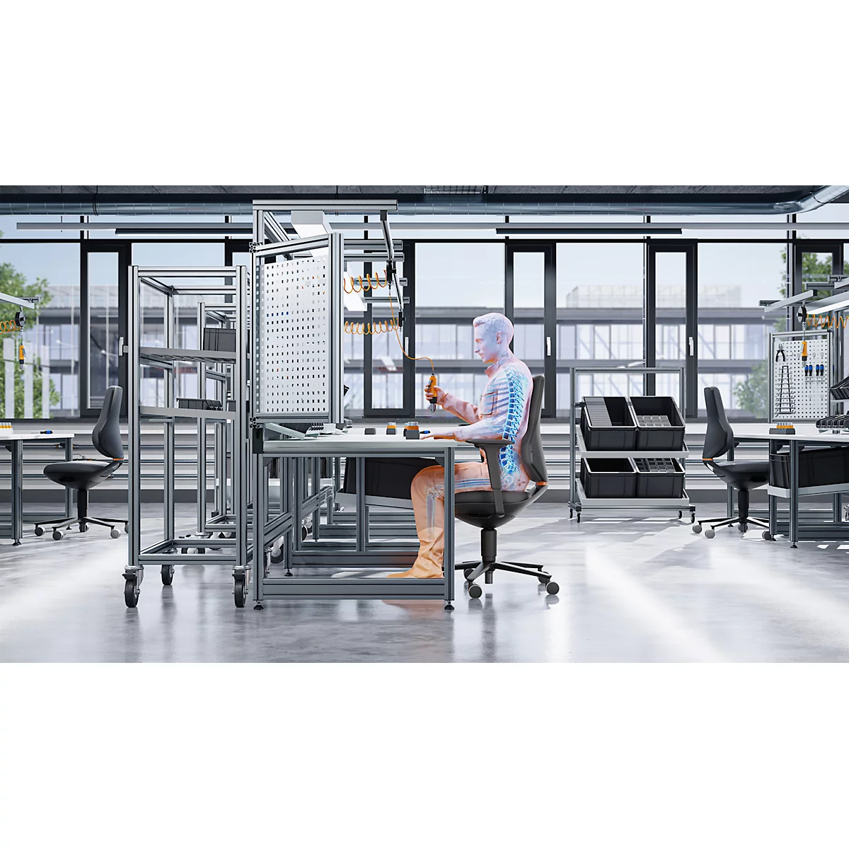 Werkstoel TEXON 2 in zwarte stof, ergonomisch en comfortabel, met Auto-Motion technologie en wielen