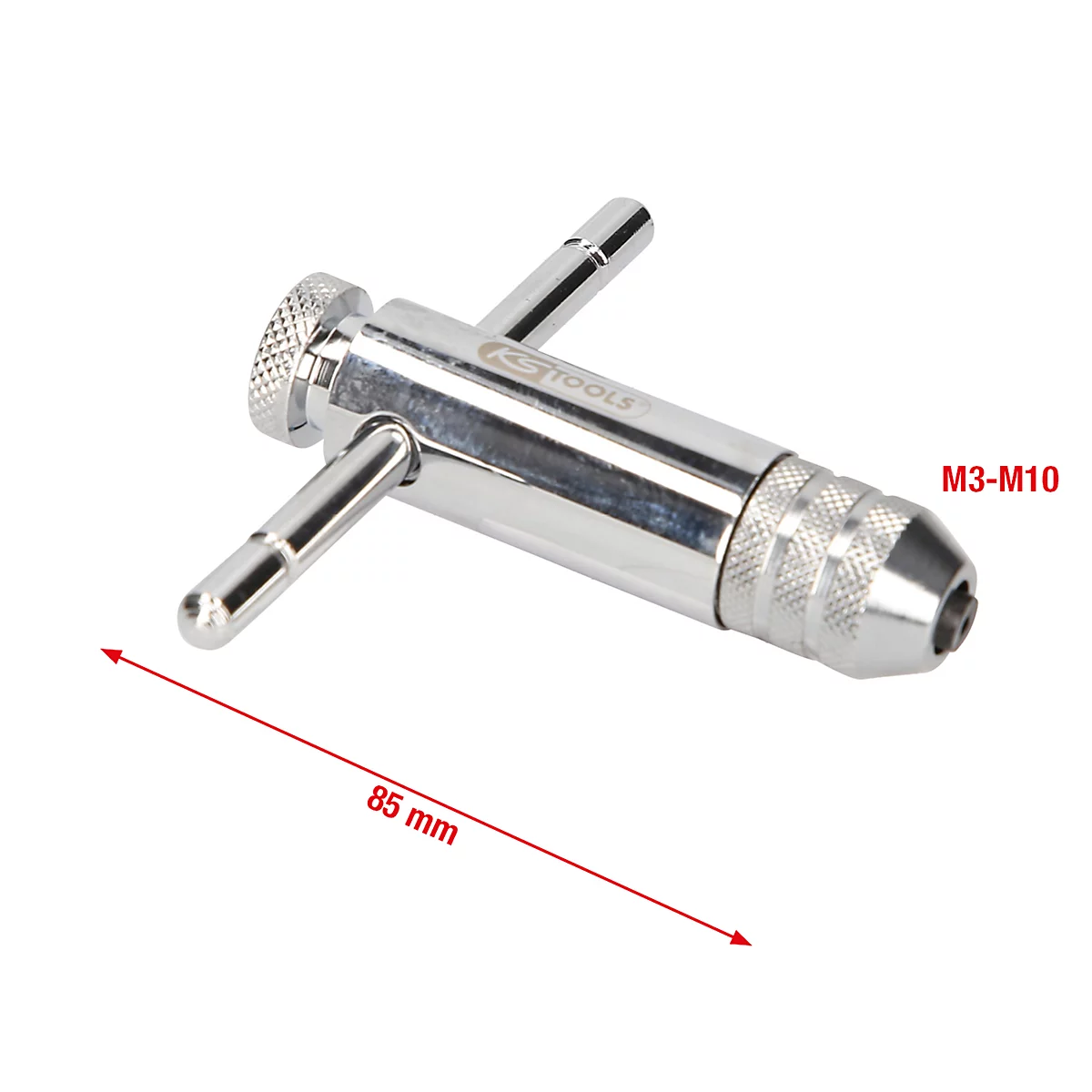 Chromfarbiger Gewindebohrer, von KS Tools, mit Maßen und Beschriftung M3-M10.