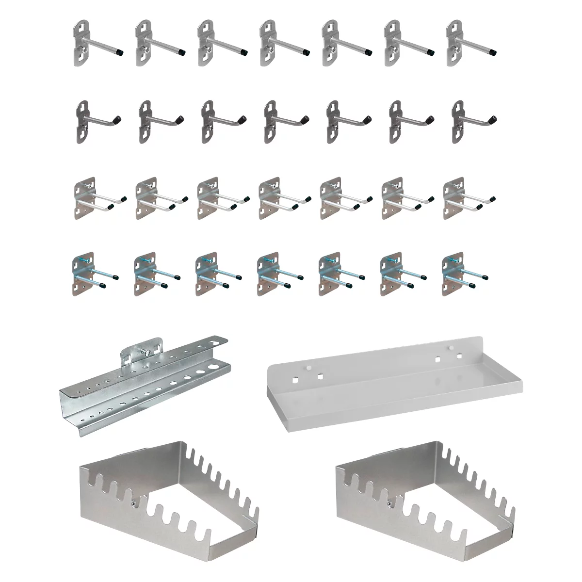 Werkzeughalter Set ADB, 32-teilig, für Lochwände mit 4-Kantlochung 10 x 10 mm & Lochabstand 38 mm, Stahl pulverbeschichtet, weißaluminium RAL 9006