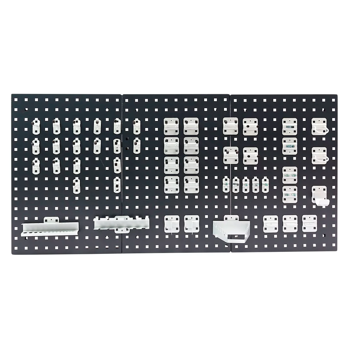 Werkzeughalter Set ADB, 50-teilig, für Lochwände mit 4-Kantlochung 10 x 10 mm & Lochabstand 38 mm, Stahl pulverbeschichtet, weissaluminium RAL 9006