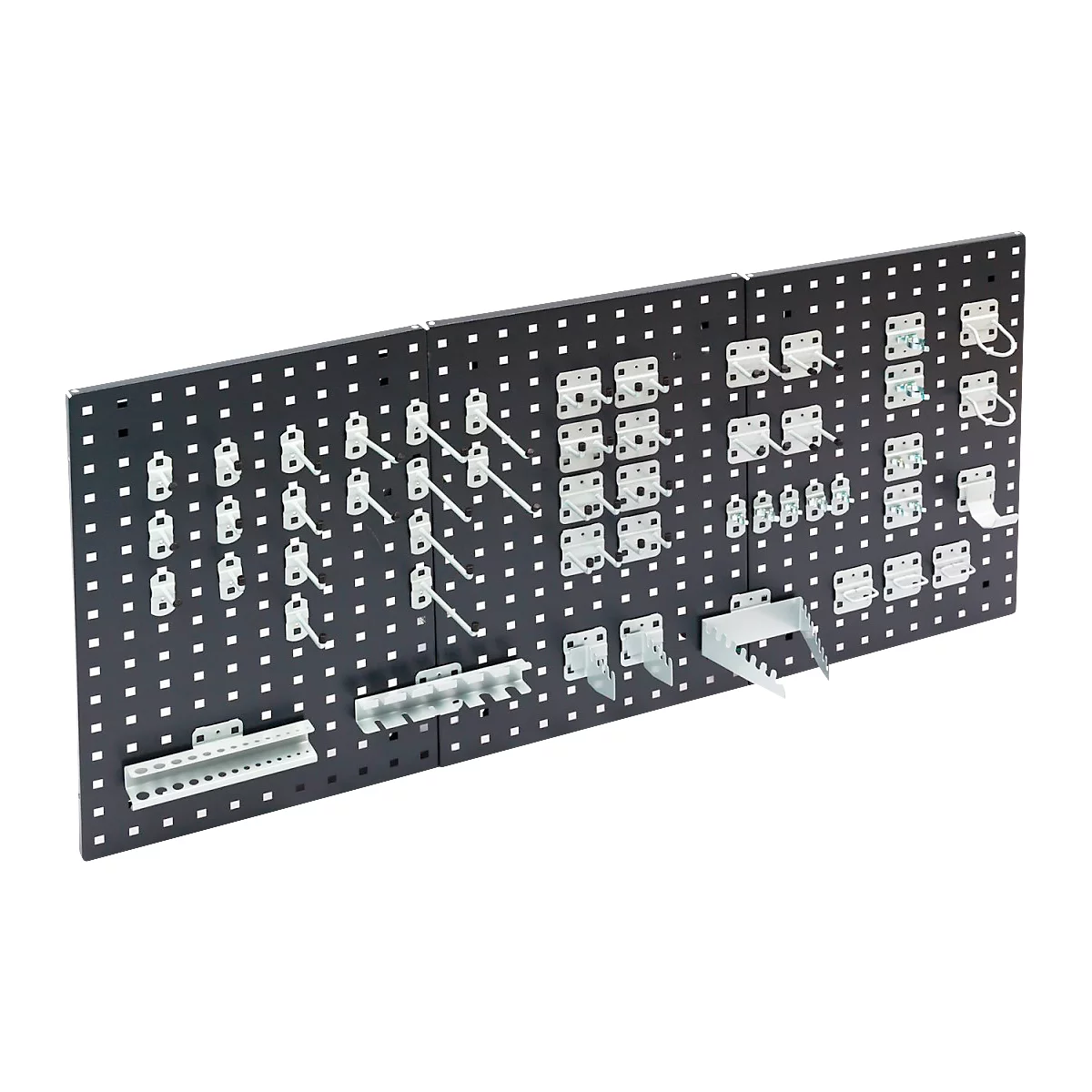 Werkzeughalter Set ADB, 50-teilig, für Lochwände mit 4-Kantlochung 10 x 10 mm & Lochabstand 38 mm, Stahl pulverbeschichtet, weissaluminium RAL 9006