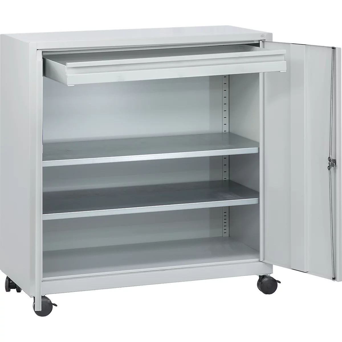 Werkzeugschrank, mit 4 Rollen, 2 Einlegeböden & 1 Schublade, Zylinderschloss, B 1000 x T 500 x H 1000 mm, Stahlblech, lichtgrau/lichtgrau