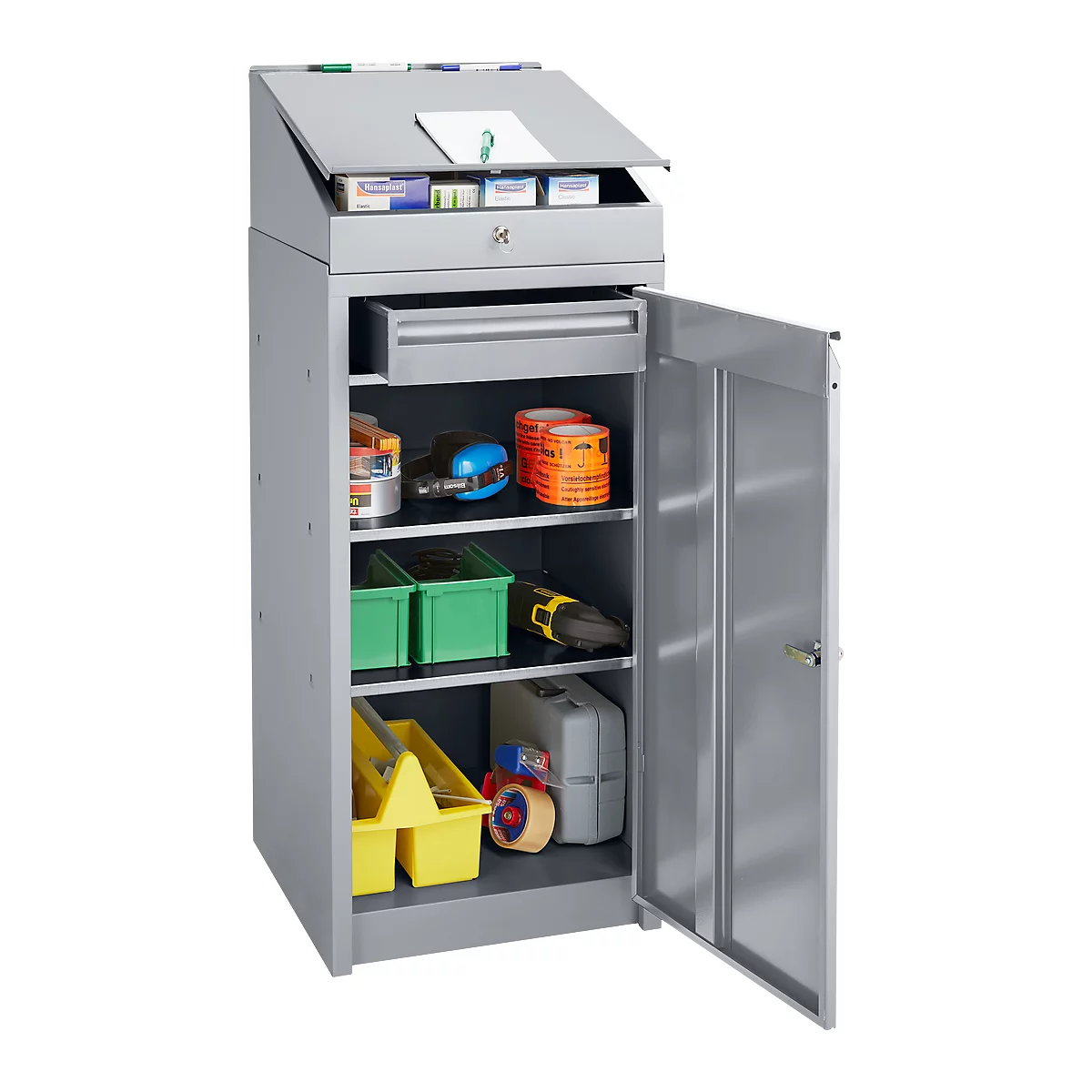 Werkzeugschrank, mit Schreibpultaufsatz, weißaluminium RAL 9006 